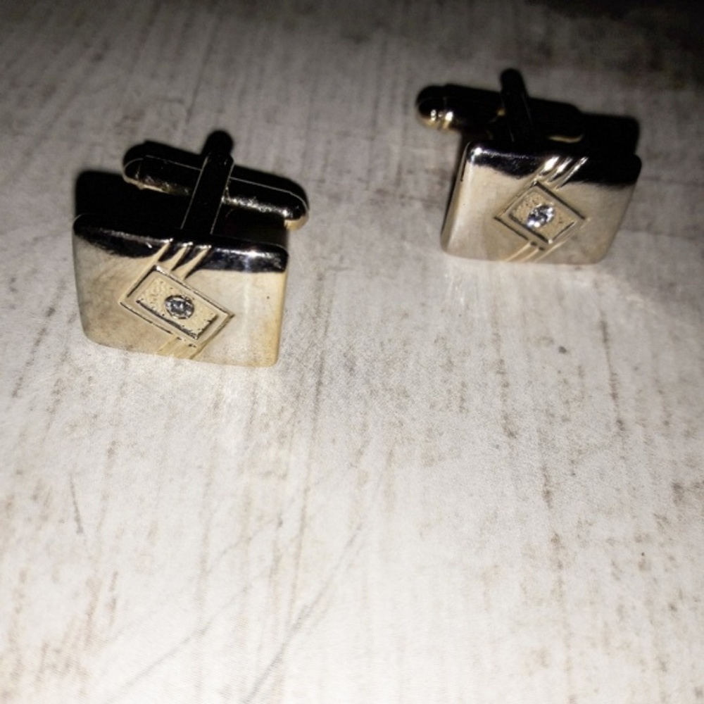 Gold Rectangular Crystal Accented Cuff Links - Picture 2 of 3